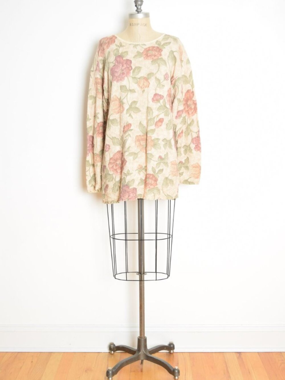 vintage 90s sweater beige cabbage roses floral print grunge tunic long top M